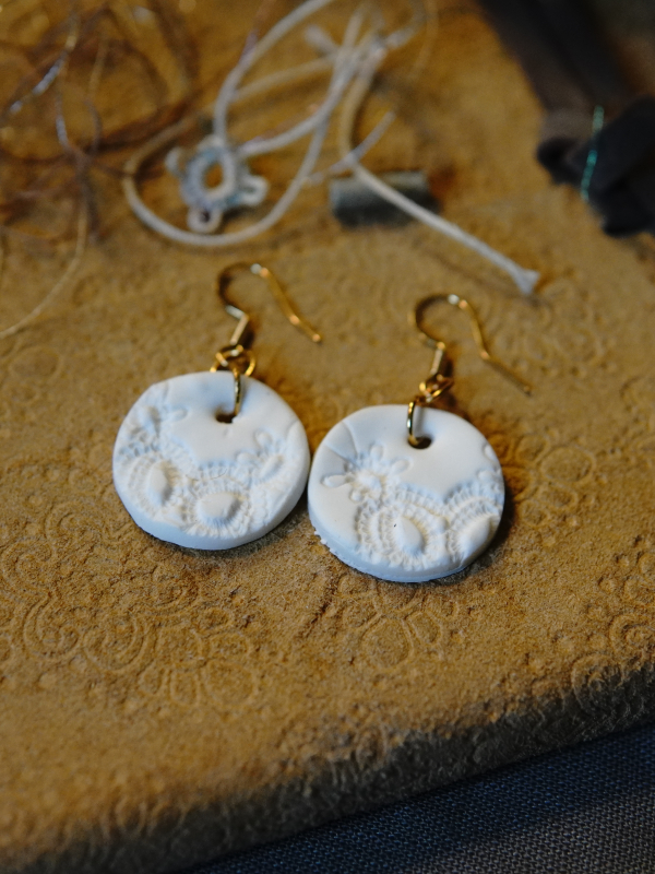 Lightweight round clay earrings. Textured lace clay earrings
