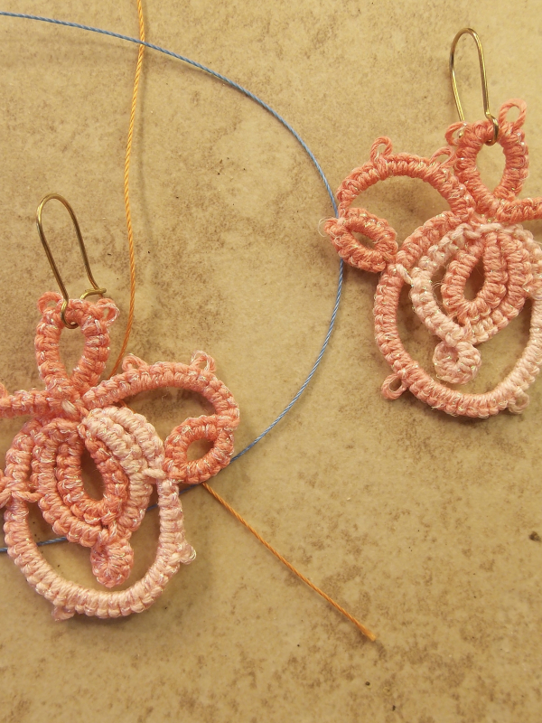 "Holding Bloom" Tatted Lace Earrings Pink Variegated Style 1
