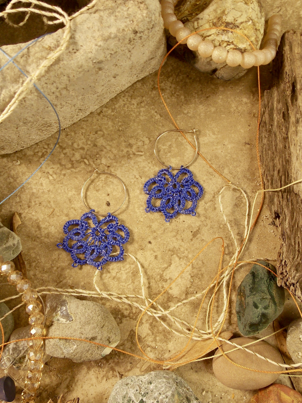 "Stardrift Hoops" Blue and Silver Tatted Lace Earrings