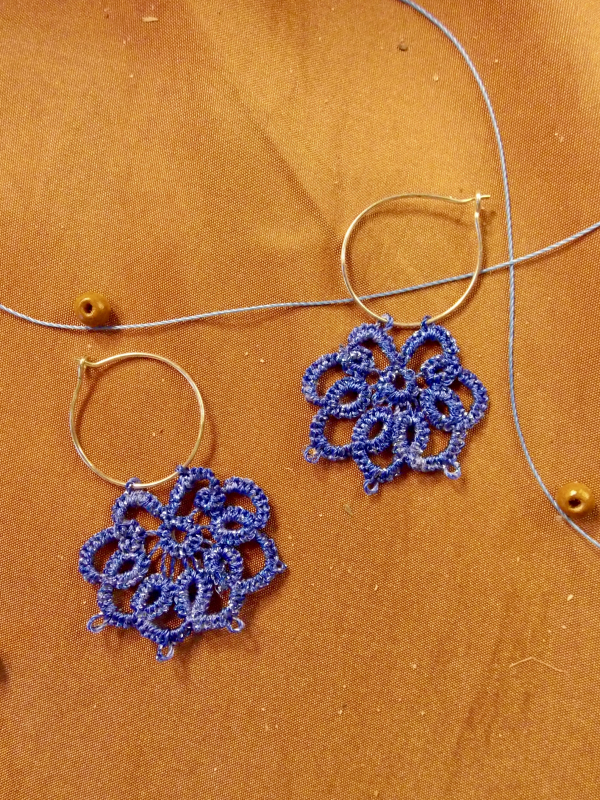 "Stardrift Hoops" Blue and Silver Tatted Lace Earrings