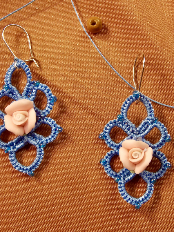 "Wanderbloom Trefoil" Tatted Lace Earrings with Rose Center