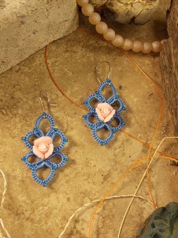 "Wanderbloom Trefoil" Tatted Lace Earrings with Rose Center