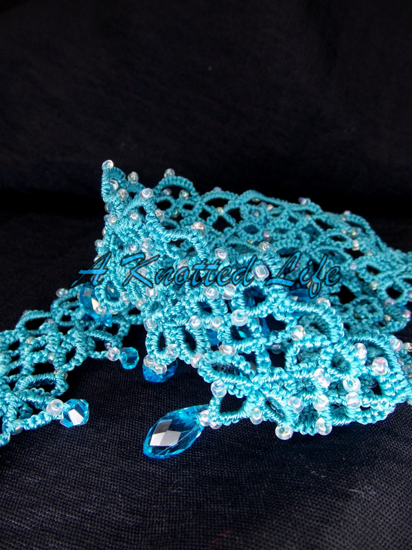 Hand-Tatted Ocean Necklace - Glacialis Drift Choker Fierce ocean lace necklace with silver-tone and aqua hues.
