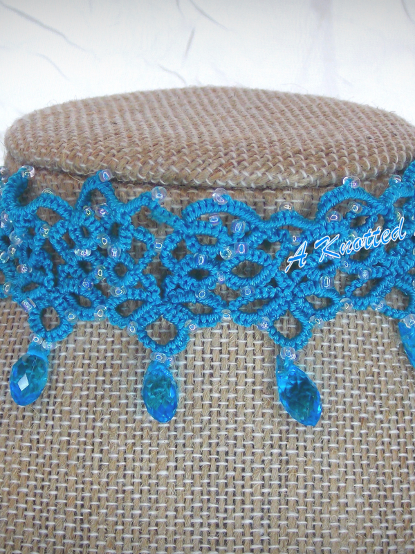 Glacialis Drift - Icy Sea Lace Choker with Winter Crystals Detailed view of crystal drops on frost-toned tatted lace.