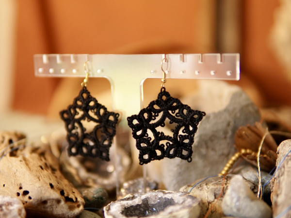"Starweaver Charms" Tatted Lace Earrings in Black