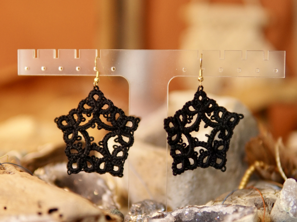 "Starweaver Charms" Tatted Lace Earrings in Black