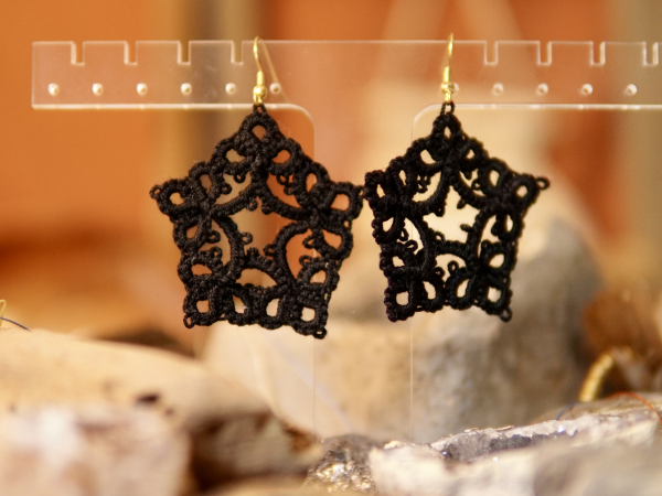"Starweaver Charms" Tatted Lace Earrings in Black