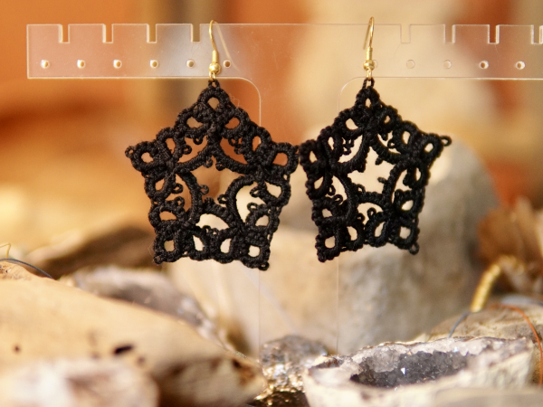"Starweaver Charms" Tatted Lace Earrings in Black