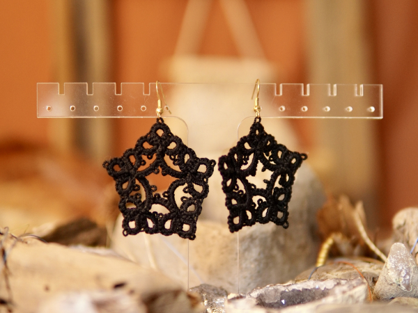 "Starweaver Charms" Tatted Lace Earrings in Black