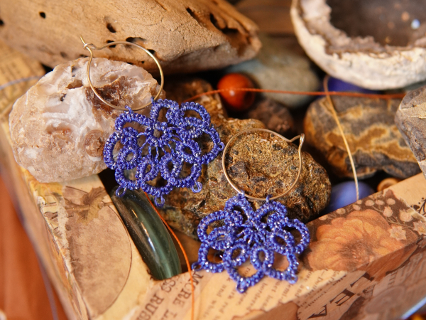 "Stardrift Hoops" Blue and Silver Tatted Lace Earrings