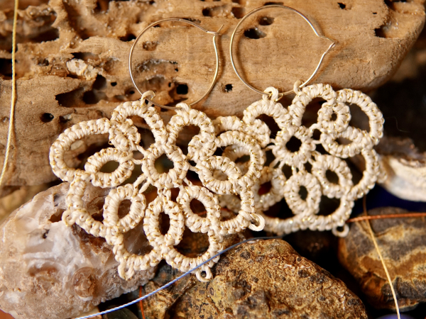 "Stardrift Hoops" Cream and Gold Tatted Lace Earrings