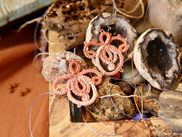 "Holding Bloom" Tatted Lace Earrings Pink Variegated Style 1