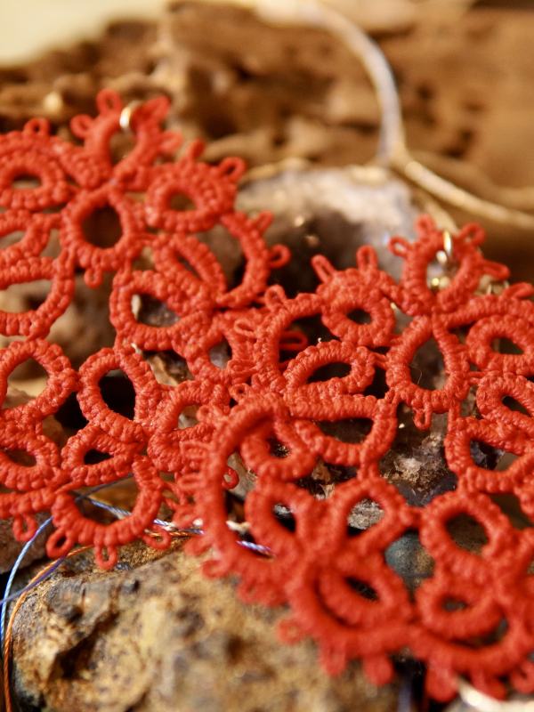 "Driftcircle" Boho Tatted Post Earrings Red