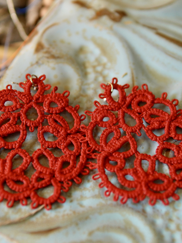 "Driftcircle" Boho Tatted Post Earrings Red