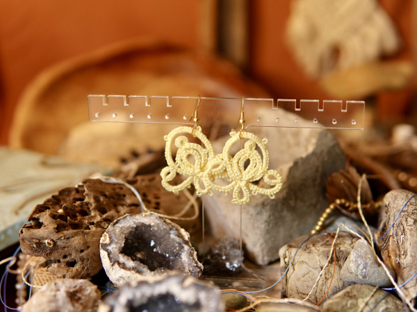 "Holding Bloom" Tatted Lace Earrings Yellow Style 2