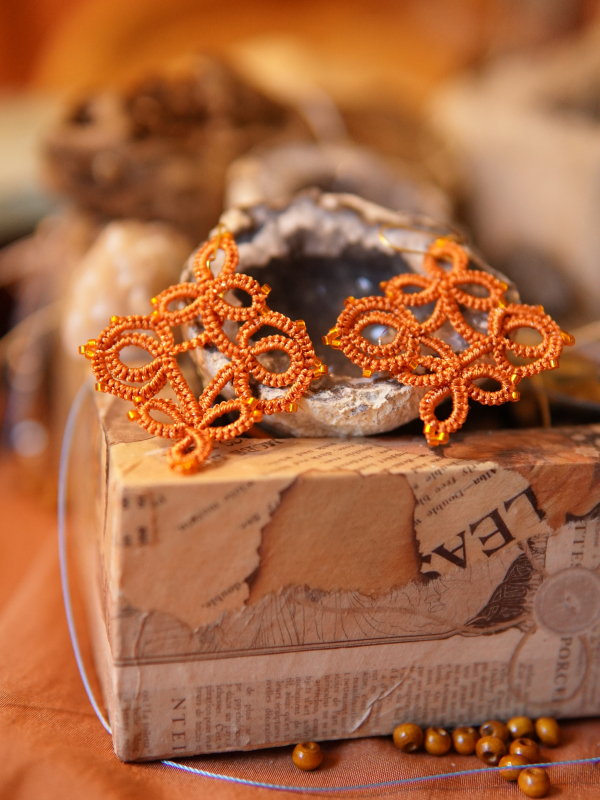 "TrellisDance" Tatted Lace Earrings in Orange