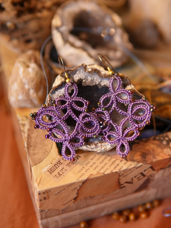 "TrellisDance" Tatted Lace Earrings in Purple