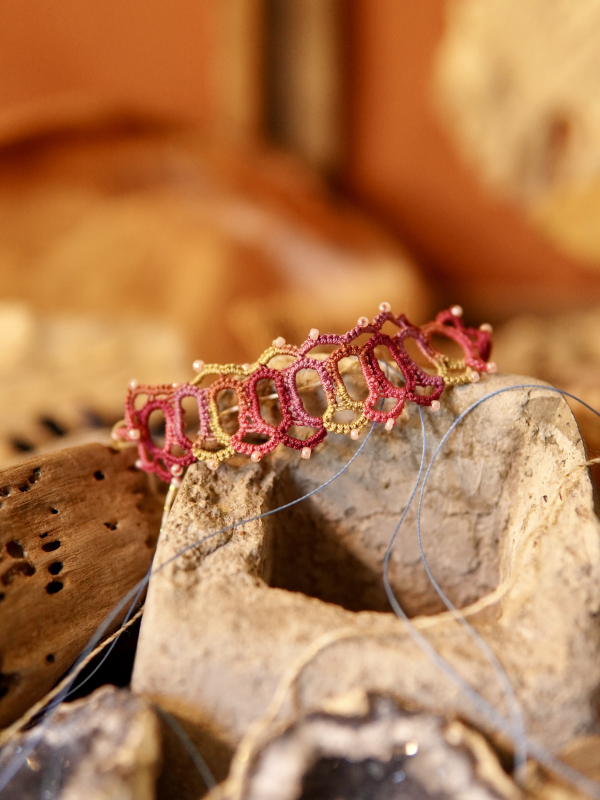 "Sunwarmed Trellis" Adjustable Tatted Lace Bracelet