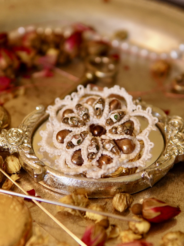 "Tea Rose Reliquary" Tatted Lace, Cloisonné, Pearl Brooch