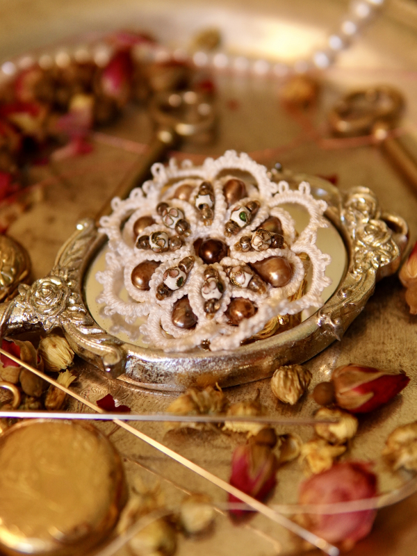 "Tea Rose Reliquary" Tatted Lace, Cloisonné, Pearl Brooch