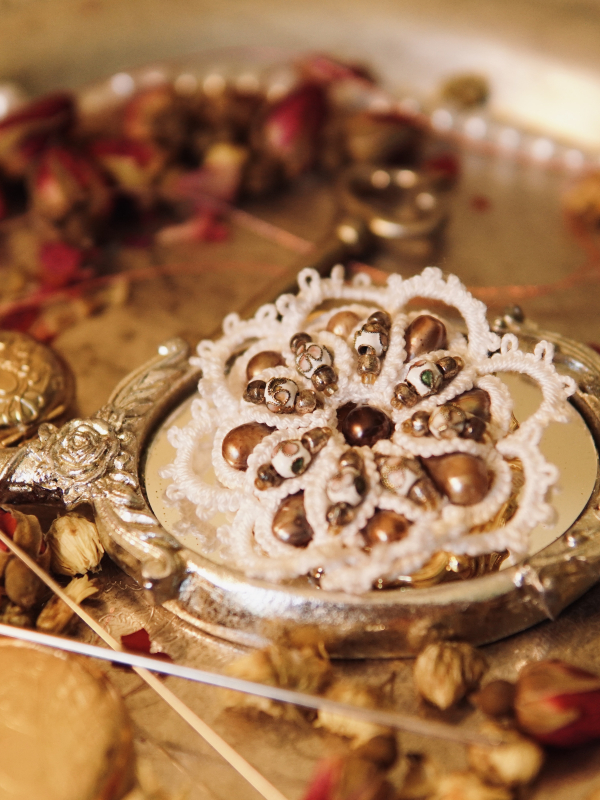 "Tea Rose Reliquary" Tatted Lace, Cloisonné, Pearl Brooch