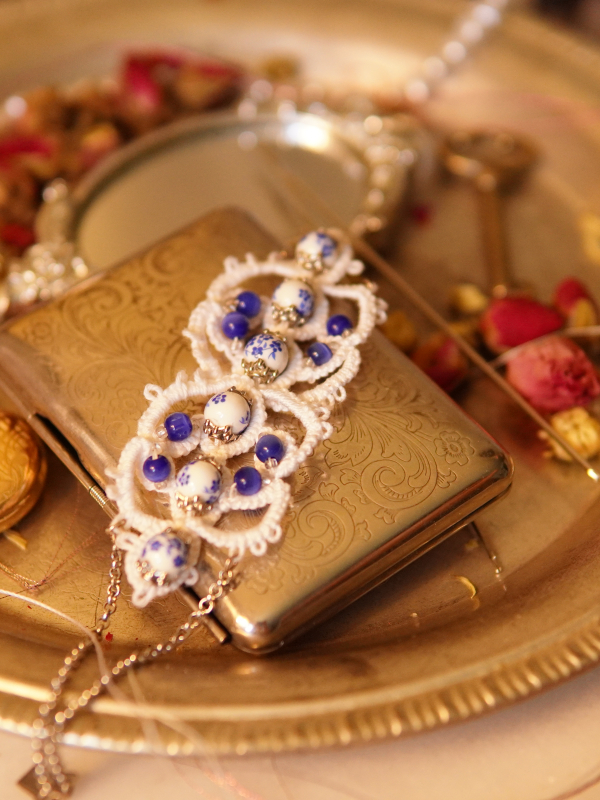 "Blueberry Scones & Porcelain Grace" Tatted Lace Bracelet