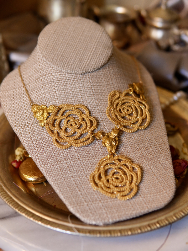 "Golden Blooms" Tatted Lace Necklace and Earrings