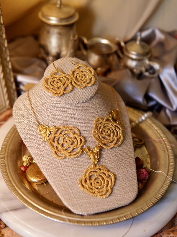 "Golden Blooms" Tatted Lace Necklace and Earrings