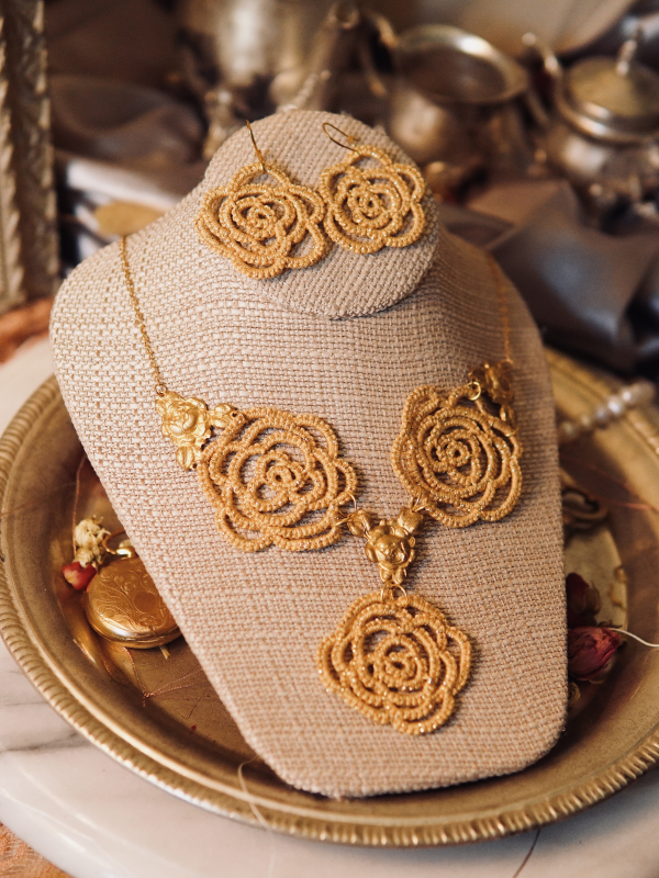 "Golden Blooms" Tatted Lace Necklace and Earrings