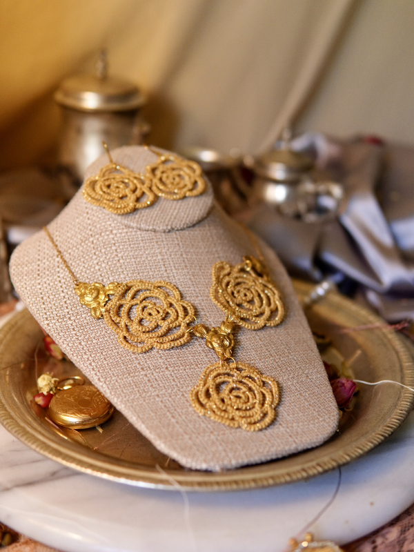 "Golden Blooms" Tatted Lace Necklace and Earrings