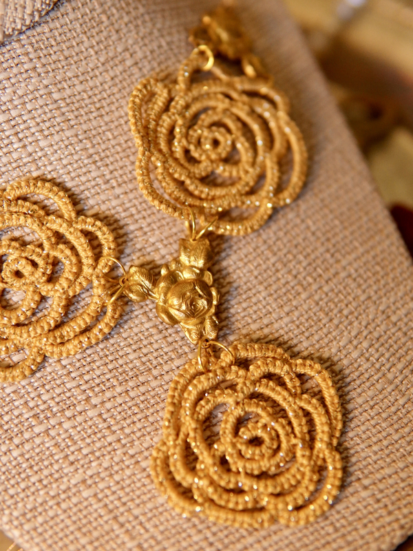 "Golden Blooms" Tatted Lace Necklace and Earrings