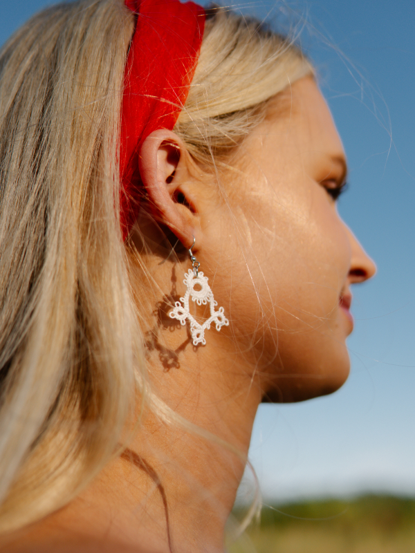 Model wearing airy white lace earrings
