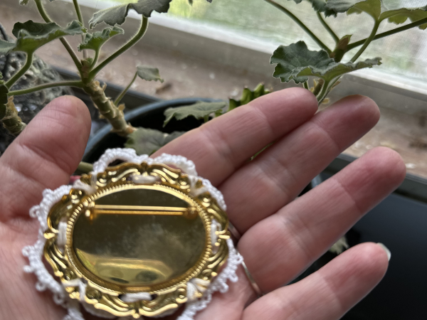 "Tea Rose Reliquary" Tatted Lace, Cloisonné, Pearl Brooch