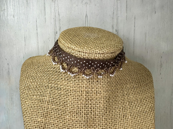 "Ribbon Reverie" Brown Tatted Lace & Ribbon Necklace