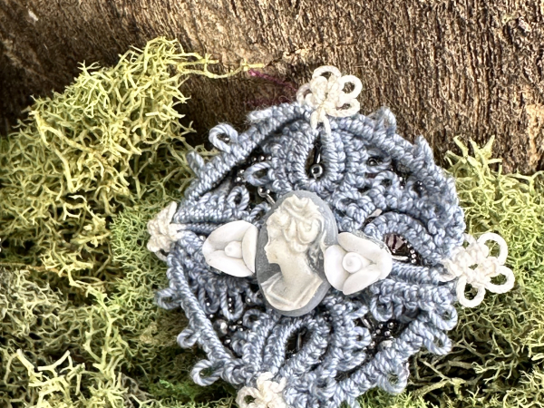 "Blue Cameo Reverie" Tatted Lace Pin