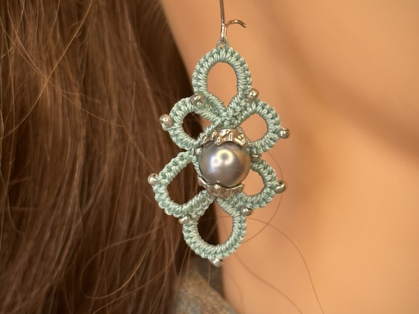 "Wanderbloom Trefoil" Tatted Lace Earrings with Bead Center