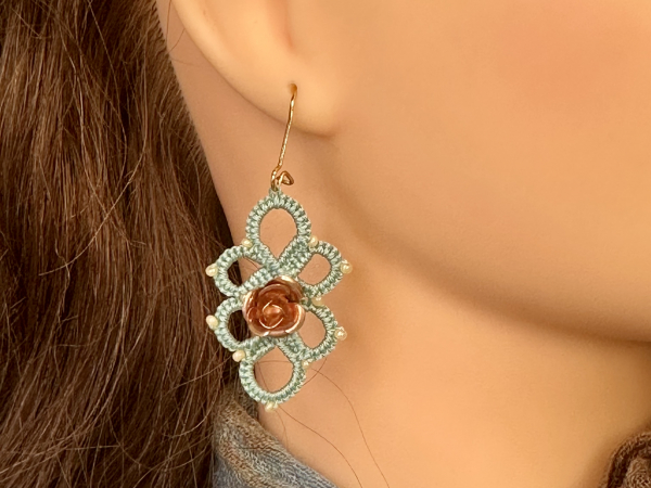"Wanderbloom Trefoil" Tatted Lace Earrings with Rose Center