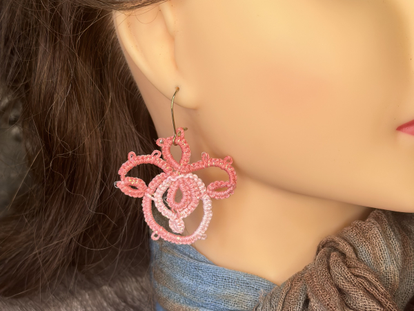 "Holding Bloom" Tatted Lace Earrings Pink Variegated Style 1