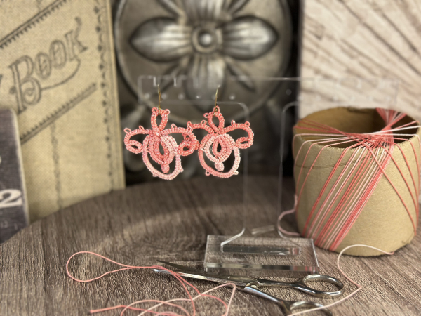 "Holding Bloom" Tatted Lace Earrings Pink Variegated Style 1