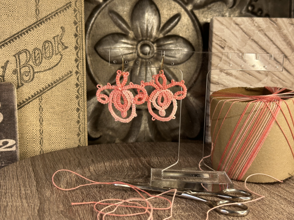 "Holding Bloom" Tatted Lace Earrings Pink Variegated Style 1