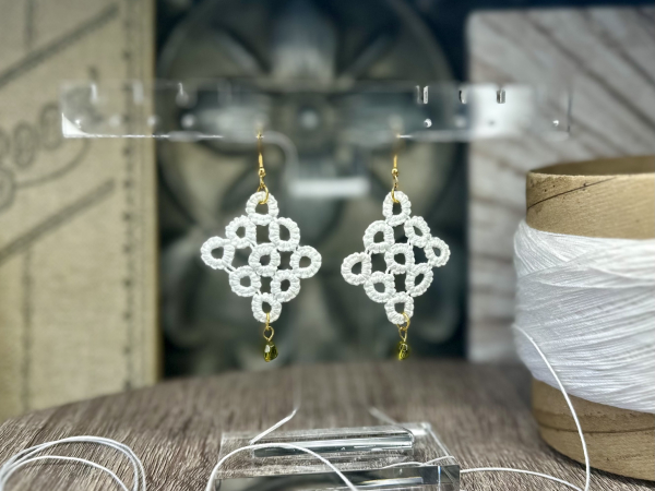 White Rings in a Square Needle Tatted Earrings