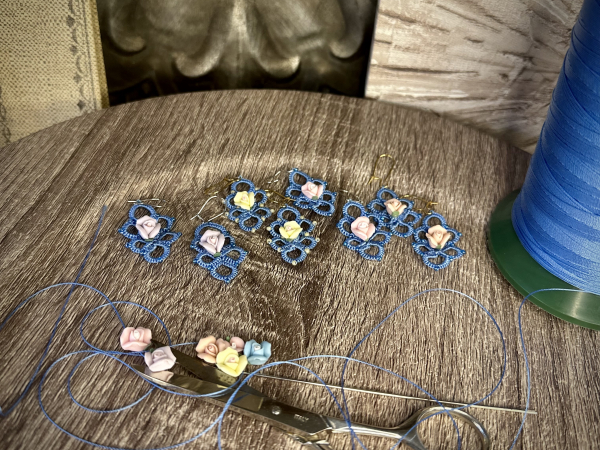 "Wanderbloom Trefoil" Tatted Lace Earrings with Rose Center