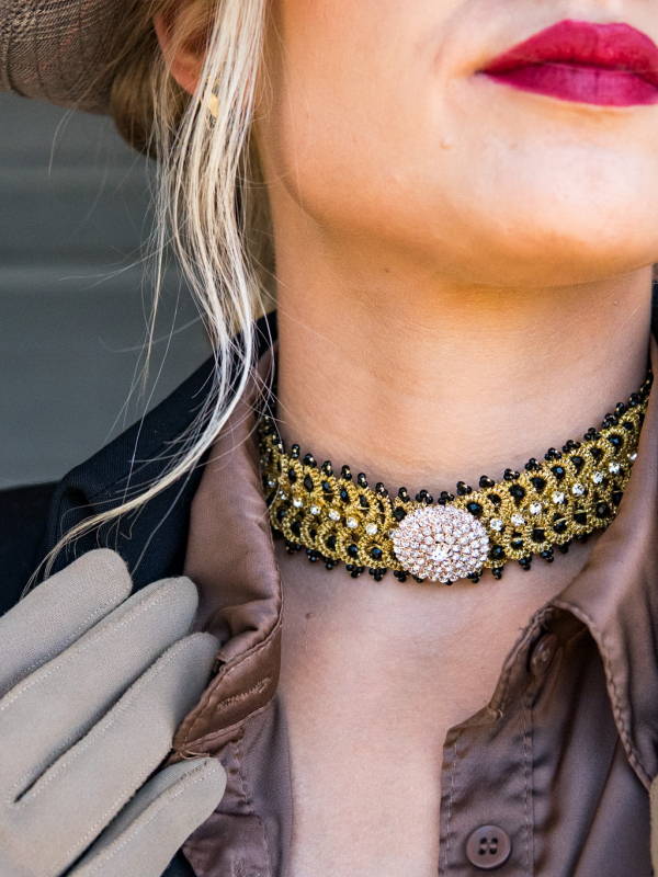 The Ciphered Kiss — gold and black tatted choker Crystal-center closeup of gold and black tatted choker