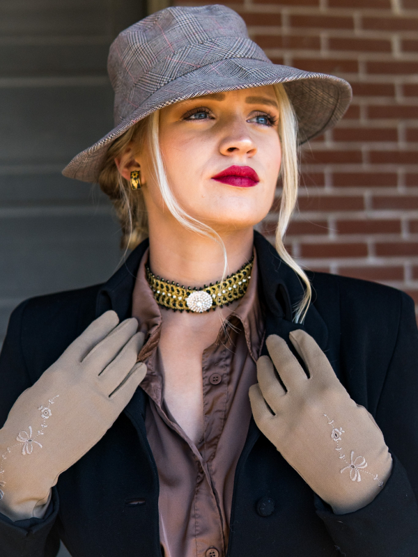 The Ciphered Kiss — gold and black tatted choker Gloves and lace choker styled with vintage outfit