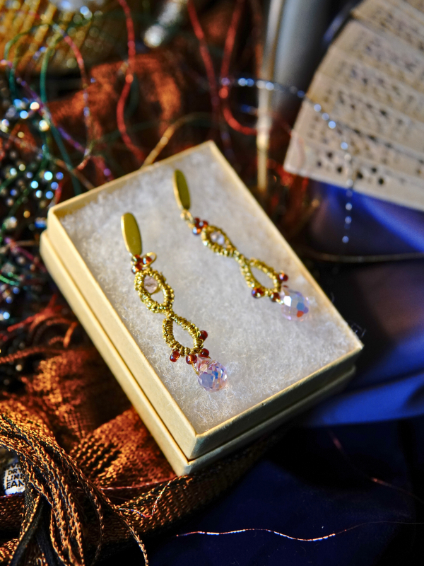 Jewel of Intrigue gold lace necklace and earrings with iridescent beads Close-up of tatted gold lace earrings edged with crystal drops