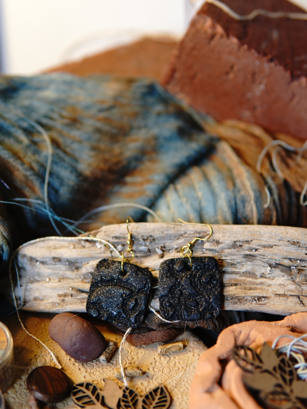 Square artisan black clay earrings