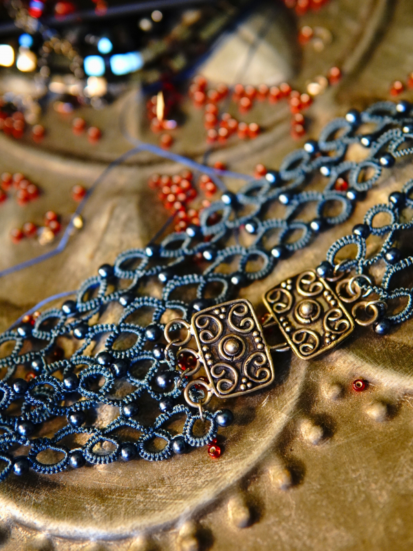 Chain of Kin tatted lace choker in dusk blue with glass bead accents Blue tatted choker with glass beads and Celtic clasp