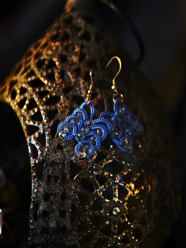 Frostwarden earrings in icy blue thread Blue tatted earrings with clear crystals