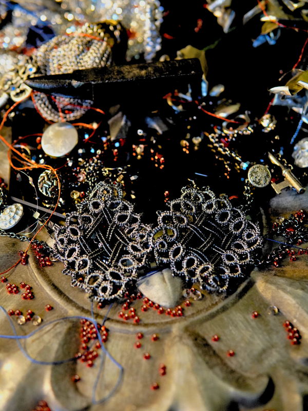 Ironlace chainmail-pattern tatted earrings - metallic black lace and beads Statement tatted earrings with metal shine