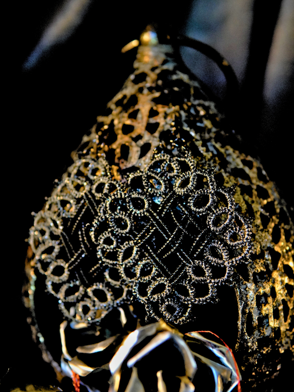 Ironlace chainmail-pattern tatted earrings - metallic black lace and beads Close-up of metallic black lace earrings